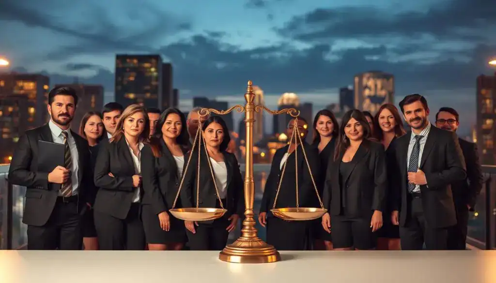 A symbolic representation of fighting for rights. In the foreground, a diverse group of professional individuals, dressed in business attire, stands united, expressing determination and empowerment. Their expressions convey strength and resilience. In the middle ground, a symbolic balance scale represents justice, slightly tilted, suggesting the ongoing struggle for fairness. The background features a cityscape at dusk, with warm golden lights reflecting a hopeful atmosphere, symbolizing advocacy in a modern context. Soft, dramatic lighting enhances the serious tone of the scene. The image captures a sense of urgency and purpose, inspiring viewers to consider the importance of standing up for their rights. A symbolic representation of fighting for rights. In the foreground, a diverse group of professional individuals, dressed in business attire, stands united, expressing determination and empowerment. Their expressions convey strength and resilience. In the middle ground, a symbolic balance scale represents justice, slightly tilted, suggesting the ongoing struggle for fairness. The background features a cityscape at dusk, with warm golden lights reflecting a hopeful atmosphere, symbolizing advocacy in a modern context. Soft, dramatic lighting enhances the serious tone of the scene. The image captures a sense of urgency and purpose, inspiring viewers to consider the importance of standing up for their rights.
