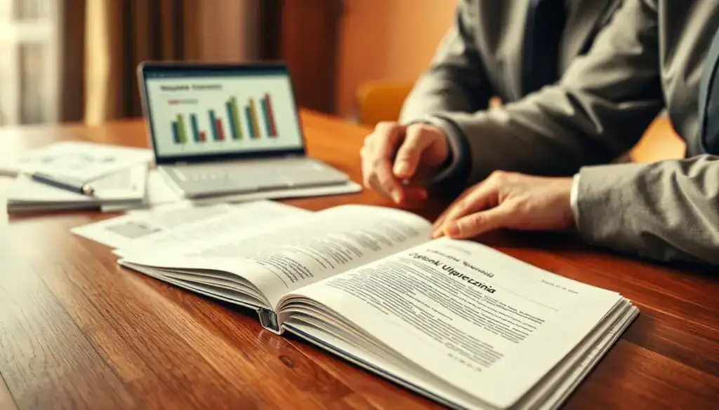 A close-up view of an open insurance booklet titled "Ogólne Warunki Ubezpieczenia" resting on a polished wooden table. In the foreground, a pair of hands in formal business attire are flipping through the pages, highlighting important sections. The middle ground features scattered documents and a laptop displaying charts related to insurance claims, adding context to the focus on the insurance conditions. In the background, soft natural light filters through a nearby window, creating a warm and inviting atmosphere that encourages careful reading and analysis. The overall mood is serious yet informative, reflecting the importance of understanding insurance terms in avoiding claim denial. The image should be clear, well-lit, and devoid of any text or overlays.