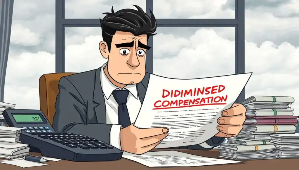 A conceptual illustration depicting the theme of "diminished compensation" in the context of insurance claims. In the foreground, a frustrated business professional in formal attire, with a furrowed brow, sits at a cluttered desk, studying a document marked with red ink and bold letters. In the middle ground, a large calculator and a stack of bills emphasize financial struggle. The background reveals a window with cloudy skies, suggesting a stormy atmosphere, creating a sense of tension and anxiety. Soft, diffused lighting casts gentle shadows, highlighting the seriousness of the subject. The overall mood is somber and reflective, capturing the complexities surrounding denied claims and the reasons behind such decisions.