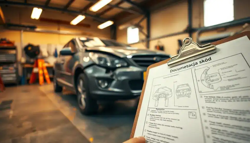 A detailed and professional scene depicting "dokumentacja szkód" in the context of vehicle damage assessment. In the foreground, a close-up view of a clipboard with a damage assessment form filled out, showcasing diagrams and notes regarding various vehicle parts. The middle ground features a slightly damaged vehicle parked in a brightly lit workshop, with visible scratches and minor dents, emphasizing its condition. The background includes tools and equipment used for vehicle inspections, with warm overhead lighting creating a practical, realistic atmosphere. The mood is serious and analytical, capturing the importance of documenting vehicle condition for insurance evaluations. The perspective is from a low angle, highlighting the focus on the damaged vehicle and the documentation process, ensuring no people are present in the scene.