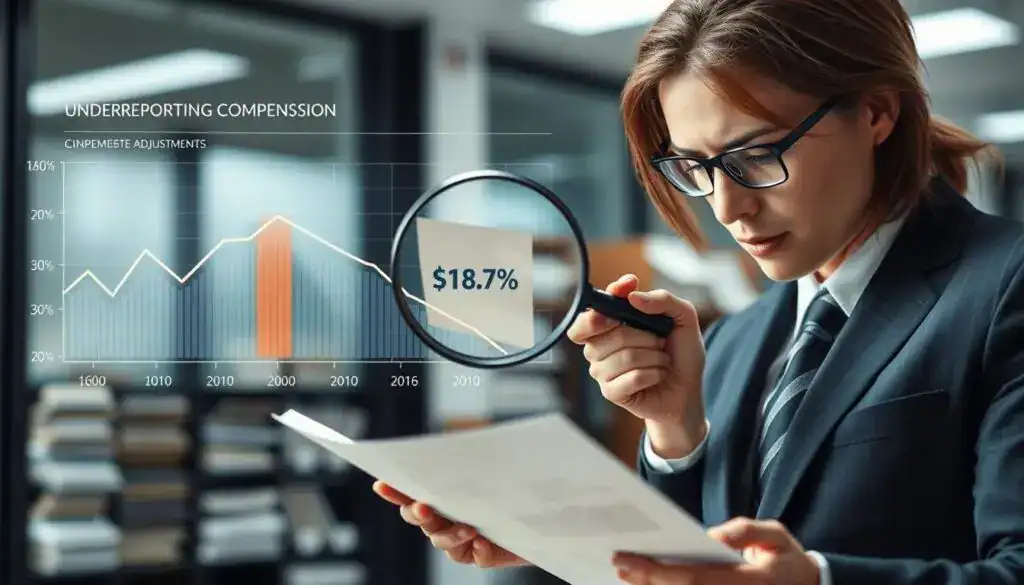 A detailed, dynamic scene illustrating the concept of "underreporting compensation." In the foreground, a focused business professional in smart attire inspecting a document with a magnifying glass, symbolizing scrutiny of compensation claims. The middle ground features a digital chart with declining statistics and highlighted data points related to compensation adjustments. In the background, a blurred office environment with shelves of reports, emphasizing analysis and research. The lighting is bright and professional, creating an atmosphere of critical assessment and investigation. The scene conveys seriousness and attention to detail, highlighting the complexity and importance of insurance compensation statistics without any text or distractions.