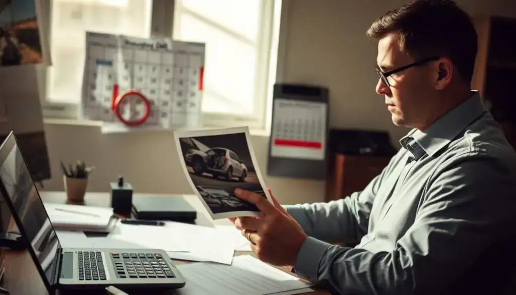 A detailed office environment depicting a professional insurance adjuster reviewing documents related to claim settlement. In the foreground, a focused male insurance adjuster in business attire, with glasses, sits at a modern desk cluttered with paperwork, a calculator, and a laptop, looking intently at a damaged car photograph. In the middle ground, a wall calendar shows a date circled in red, indicating an upcoming deadline. The background features an office window with natural light streaming in, casting shadows that create a serious atmosphere. The overall mood is tense and analytical, highlighting the complexities of claim adjustments. The composition should be well-lit with soft lighting, capturing a realistic and professional setting from a slightly elevated angle to convey depth.