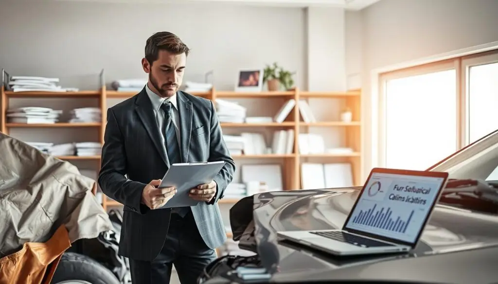 A detailed scene of an insurance adjuster assessing vehicle damage in a well-lit office environment. In the foreground, a professional-looking individual dressed in formal business attire examines a damaged car with a clipboard in hand, showcasing a thoughtful expression. The car is partially covered with a tarp, revealing dents and scratches that indicate the damage under review. In the middle ground, an open laptop displays various data charts related to claims analysis. The background features shelves filled with insurance-related documents and brochures, along with a large window that lets in natural light, creating a bright and clear atmosphere. The overall mood is serious and focused, reflecting the meticulous evaluation process of damage assessments by insurers.