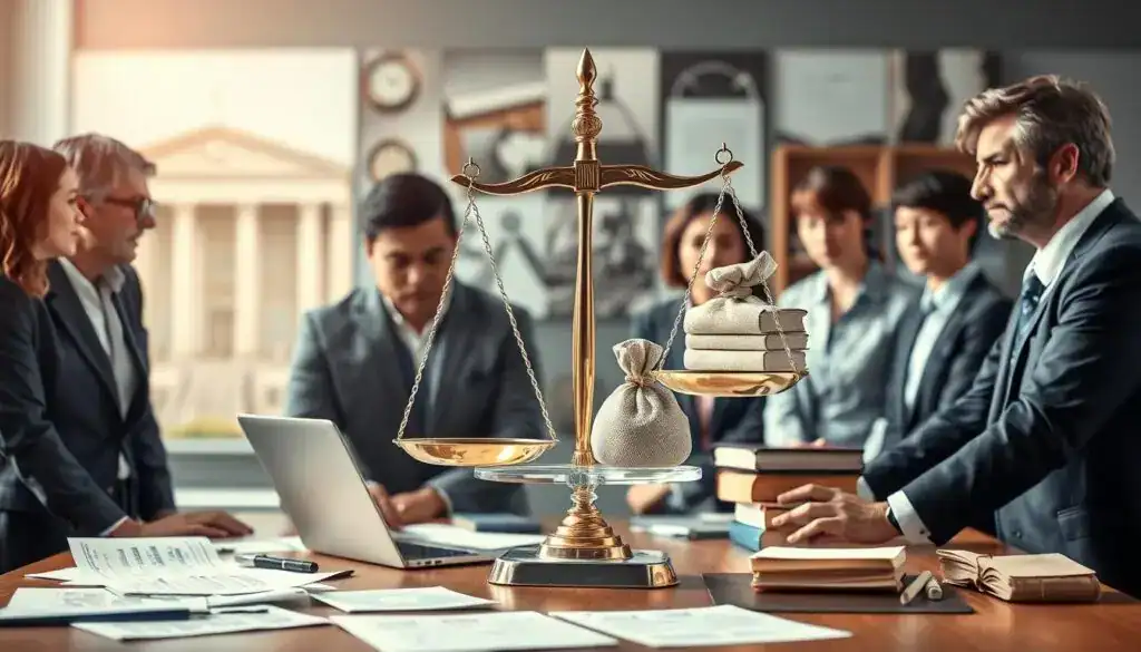 A high-quality illustration depicting the concept of "insurance compensation rules" in the context of legal regulations affecting payouts. In the foreground, a diverse group of professionals in business attire, engaged in a serious discussion, surrounded by documents, charts, and a laptop showcasing statistics. The middle layer features a large, transparent scale symbolizing justice, with one side holding a bag of money and the other a stack of legal books. In the background, soft focus images of a courthouse and papers scattered on a desk illustrate the legal aspects. The lighting is bright and clear, conveying a professional, informative atmosphere, with a warm glow highlighting the professionals’ focused expressions. The scene is framed to evoke trust and seriousness in navigating complex legal regulations.