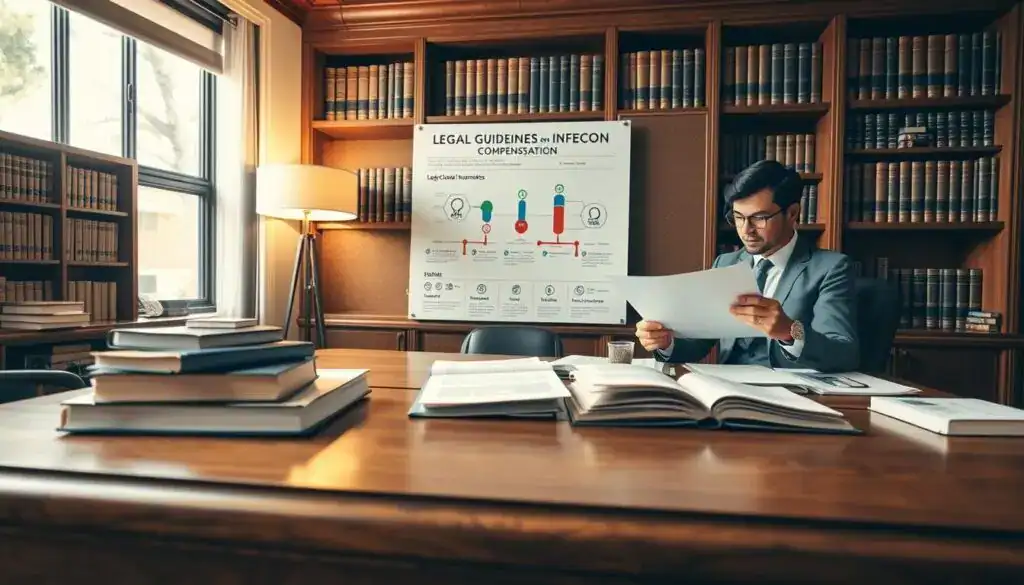 A legal office setting with a focused atmosphere, featuring a large wooden desk in the foreground adorned with legal books and documents about compensation laws. A professional wearing business attire is reviewing a file, symbolizing diligent analysis. In the middle ground, a detailed infographic about "legal guidelines on compensation" prominently displayed on the wall, emphasizing the complexities of insurance claims. The background shows bookshelves filled with legal texts and a softly illuminated lamp casting a warm glow, creating an inviting yet serious mood. Use a wide-angle lens to capture the depth of the room, with natural lighting highlighting the textures of the wooden furniture and the richness of the law books.