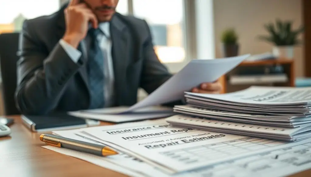 A neatly organized desk scene depicting essential documents needed for processing a claim. In the foreground, display a stack of papers with visible headers like "Insurance Claim Form," "Accident Report," and "Repair Estimates," complemented by a pen and a calculator. In the middle ground, include a professional, focused person in business attire, reviewing the documents thoughtfully, reflecting a sense of diligence and attention to detail. In the background, a softly blurred office setting with a window allowing natural light to illuminate the workspace, creating a warm and productive atmosphere. The overall mood should convey professionalism and clarity, emphasizing the importance of documentation in the claims process. The image should be crisp and well-lit, capturing a focus on the paperwork and the individual.