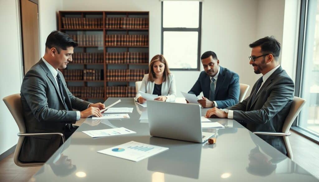 A professional and composed office scene, depicting a business meeting regarding an insurance claim appeal. In the foreground, a diverse group of three people in formal business attire—two men and one woman—are seated around a sleek, modern conference table, examining documents and discussing. The middle ground features papers related to an insurance claim and a laptop open with graphs. The background shows a large window with soft, natural light pouring in, illuminating the room, and a bookshelf filled with legal books. The atmosphere is focused and serious, reflecting the importance of the appeal process. Use a slightly elevated angle to capture the dynamics of the meeting, creating a sense of depth and engagement.