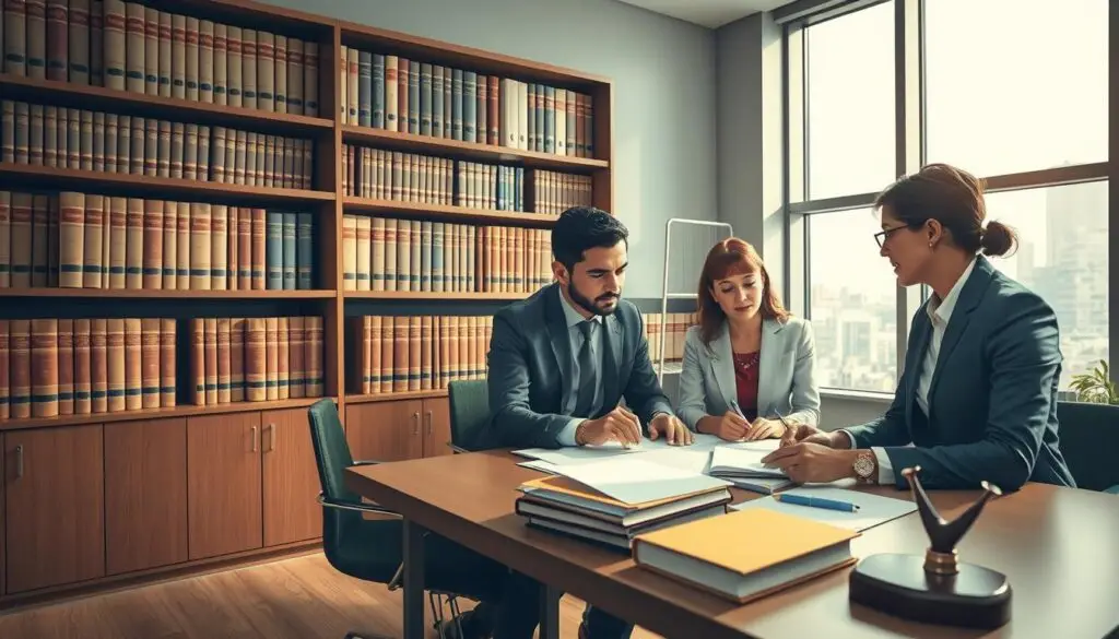 A professional and visually engaging illustration of legal aspects of compensation claims, focusing on an office environment. In the foreground, a diverse group of professionals in business attire — a man and a woman — are engaged in discussion around a table covered with legal documents and a laptop, expressing determination and focus. The middle ground features bookshelves filled with law books and case files, indicating a serious, academic setting. The background shows large windows letting in natural light, casting a bright yet formal atmosphere with a slight hint of a cityscape outside. The overall mood is one of professionalism, analysis, and attention to detail, emphasizing the importance of understanding legal frameworks in compensation claims.