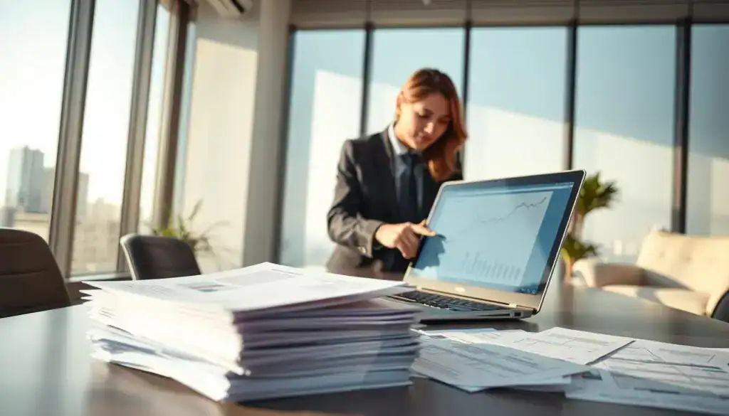 A professional business meeting scene inside a well-lit office environment, depicting two business professionals in formal attire (a man and a woman) discussing documents related to insurance claims and damages. In the foreground, focus on a stack of claims papers and a laptop displaying graphs. The middle ground should show the professionals engaged in conversation, one pointing to a specific figure on the laptop screen. The background features a large window with city skyline views, suggesting a metropolitan setting. Soft, natural light filters through the window, creating a warm and focused atmosphere. The image conveys a sense of urgency and importance regarding legal matters and insurance claims. A professional business meeting scene inside a well-lit office environment, depicting two business professionals in formal attire (a man and a woman) discussing documents related to insurance claims and damages. In the foreground, focus on a stack of claims papers and a laptop displaying graphs. The middle ground should show the professionals engaged in conversation, one pointing to a specific figure on the laptop screen. The background features a large window with city skyline views, suggesting a metropolitan setting. Soft, natural light filters through the window, creating a warm and focused atmosphere. The image conveys a sense of urgency and importance regarding legal matters and insurance claims.