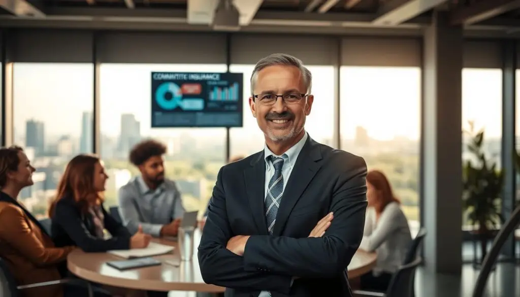 A professional business setting depicting the importance of automotive insurance. In the foreground, a confident middle-aged insurance agent in a smart suit is engaging with a diverse group of clients at a round table, each showing interest in discussions about insurance policies. In the middle ground, a modern, well-lit office space features large windows with a view of cityscape, highlighting skyscrapers and greenery. Soft, natural lighting filters in, creating an inviting atmosphere. In the background, a digital screen displays infographics related to communication insurance. The mood is focused and professional, emphasizing trust and the significance of understanding insurance coverage. Capture the essence of collaboration and informed decision-making without any text or distractions.