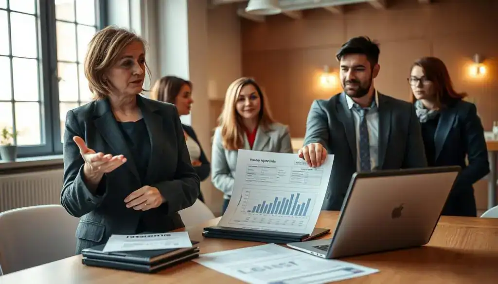 A professional business setting where a diverse group of clients express their expectations regarding insurance compensation. In the foreground, a middle-aged woman in a smart blazer gestures thoughtfully, conveying concern. Beside her, a young man in business casual attire points to a document, looking engaged. In the middle ground, a table is filled with insurance forms and a laptop displaying graphs of compensation claims. The background features a large window with soft, natural light spilling in, creating a warm and inviting atmosphere. The overall mood reflects hopefulness and seriousness, emphasizing the clients' anticipation for fair treatment and resolution in their claims. The image should be arranged with a focus on the interaction, highlighting facial expressions and body language.