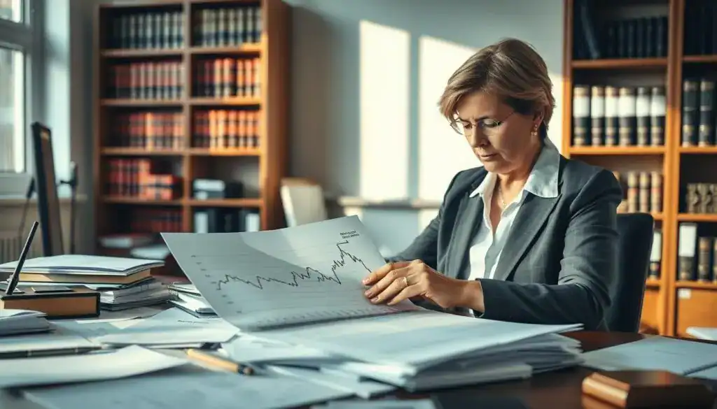 A professional business setting with a focused atmosphere, featuring a middle-aged woman in a smart business suit, sitting at a desk cluttered with paperwork and legal documents related to insurance claims. She appears deep in thought, analyzing a complicated graph showing the fluctuations in compensation amounts. Soft, natural light filters through a window, casting gentle shadows. In the background, a bookshelf filled with case files and law books suggests an environment of legal expertise. The camera angle is slightly elevated, capturing both the woman and the surrounding context, creating a sense of contemplation about denial of claims linked to liability issues. The overall mood is serious and contemplative, representing the critical nature of insurance compensation analysis.