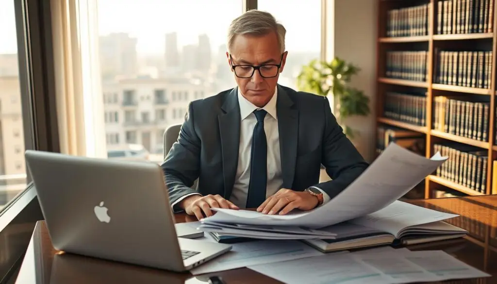 A professional insurance lawyer seated at a desk, deeply engaged in analyzing a complex case file with legal documents scattered around, a laptop open beside him. He is wearing a sharp, tailored suit and glasses, exuding confidence and expertise. Soft, natural light streams in from a large window, casting a warm glow over the modern office filled with bookshelves lined with law books. In the background, a cityscape is visible, hinting at a bustling urban environment. The mood is serious yet focused, capturing the essence of collaboration and determination in the field of insurance law. The image should evoke trust, professionalism, and a sense of legal authority. No text or overlays are present.
