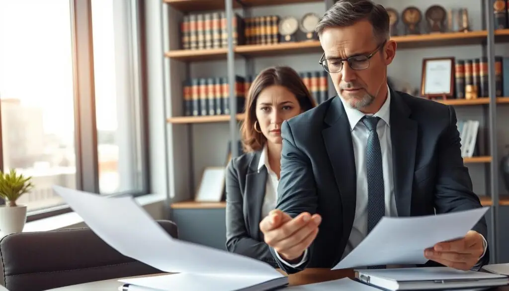 A professional lawyer meeting with a client in a modern office setting, emphasizing the theme of legal assistance in compensation claims. In the foreground, the lawyer, a middle-aged Caucasian man in a sharp suit, is reviewing documents with a concerned-looking middle-aged woman, dressed in business casual attire. In the middle ground, a large window reveals a cityscape, with natural light streaming in, creating a warm and inviting atmosphere. The background features shelves filled with law books and awards, adding to the professional ambiance. The image conveys a sense of trust, professionalism, and the importance of legal support in navigating compensation issues. The focus is clear, showcasing their interaction as both serious and constructive, emphasizing the significance of seeking legal help.