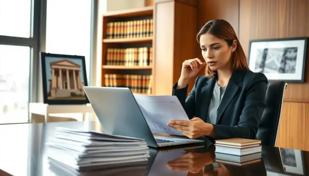 A professional lawyer sitting at a sleek desk, thoughtfully examining documents related to insurance claims. She is dressed in formal business attire, exuding confidence and determination. The foreground features a stack of legal papers and a laptop open to a case analysis. In the middle ground, a bookshelf filled with law books and a framed picture of the courthouse adds depth. The background shows a large window letting in natural light, illuminating the scene and creating a warm and focused atmosphere. The image captures a sense of urgency and professionalism, with an emphasis on legal support and the complexities of insurance claims. A professional lawyer sitting at a sleek desk, thoughtfully examining documents related to insurance claims. She is dressed in formal business attire, exuding confidence and determination. The foreground features a stack of legal papers and a laptop open to a case analysis. In the middle ground, a bookshelf filled with law books and a framed picture of the courthouse adds depth. The background shows a large window letting in natural light, illuminating the scene and creating a warm and focused atmosphere. The image captures a sense of urgency and professionalism, with an emphasis on legal support and the complexities of insurance claims.