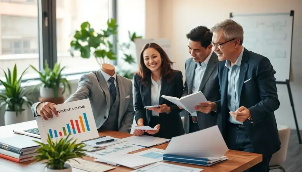 A professional-looking office scene depicting a diverse group of individuals engaged in a discussion over a table filled with documents and charts. In the foreground, a middle-aged Caucasian man in a suit points to a chart showing successful claims, his expression confident and persuasive. A young Black woman in business attire listens attentively, taking notes, while an Asian man in smart casual wear reviews a file. The background features a modern office environment with large windows letting in natural light, plants, and a whiteboard with strategies for effective claims. The atmosphere is collaborative and focused, highlighting the theme of effective communication in securing claims. Use soft, warm lighting to create a positive, motivating mood.