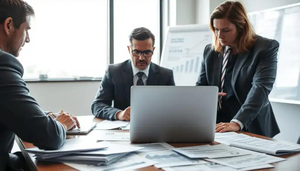 A professional meeting room setting, where a group of three people in business attire—two men and one woman—discuss an insurance claim. In the foreground, a table is scattered with documents detailing insurance claims and a laptop showing a claims management software interface. In the middle ground, a large window allows natural light to stream in, highlighting the serious expressions of the individuals as they analyze the paperwork. The background features a whiteboard with diagrams illustrating the claims process. The atmosphere is tense yet focused, conveying a sense of urgency and determination to address the issue of underpaid compensation. The lighting is bright, emphasizing the professionalism of the setting, with a slight focus on the individuals to capture their engaged expressions.