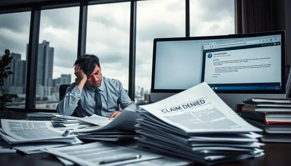A professional office environment, conveying the theme of denied compensation. In the foreground, a distressed individual in business attire sits at a desk, reviewing a stack of documents with a look of frustration. Papers are strewn about, some showing the words "claim denied" clearly visible. In the middle ground, a computer screen displays an email notification, indicating a rejection of compensation, surrounded by notes and reference books on insurance claims. The background includes a large window revealing a cityscape, with overcast skies filtering through soft, diffused light, creating a somber atmosphere. The overall mood is tense and reflective, emphasizing the challenges faced by claimants in navigating the complexity of compensation claims. The angle is slightly tilted to enhance the feeling of instability.