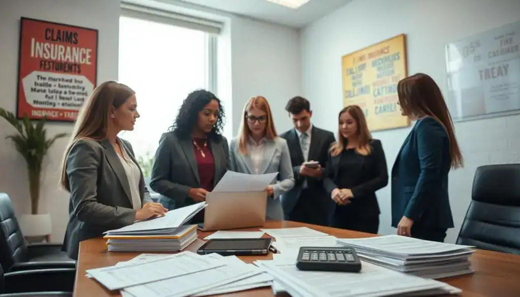 A professional office environment showcasing the claims reporting process for insurance. In the foreground, a diverse group of individuals in business attire, engaged in a thoughtful discussion over documents and a laptop, symbolizing collaboration. In the middle ground, an organized desk stacked with paperwork, insurance forms, and a calculator, highlighting the process of filing claims. In the background, a large window allows soft natural light to pour in, creating an inviting atmosphere. The walls are adorned with motivational posters related to insurance and teamwork, enhancing the professional mood. The angle is slightly elevated to capture the entirety of the scene, emphasizing the importance of communication and the procedural aspect of claims reporting.