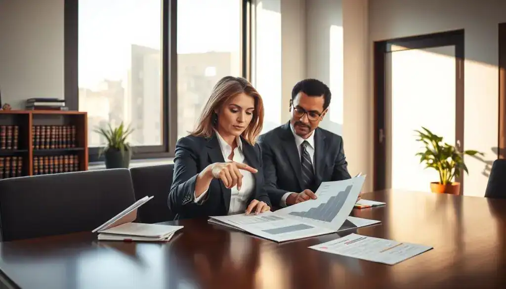 A professional office setting depicting a negotiation scene around a compensation discussion. In the foreground, a diverse group of three individuals dressed in smart business attire attentively examines documents on a conference table. One person, a confident middle-aged woman, gestures towards a graph showing compensation amounts, while the others listen intently, taking notes. In the middle ground, a large window lets in soft sunlight that casts a warm glow over the scene, highlighting the seriousness of the discussion. In the background, a bookshelf filled with legal texts and a potted plant adds depth to the atmosphere, conveying professionalism and focus. The overall mood is tense yet hopeful, emphasizing the importance of equitable negotiation in claims.