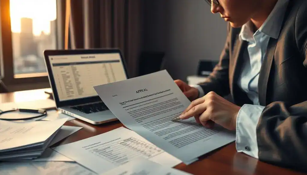 A professional office setting with a desk cluttered with legal documents and insurance papers. In the foreground, a focused individual in business attire, examining a letter of appeal addressed to an insurance company. They hold a pen, ready to take notes. In the middle, a laptop displays a spreadsheet with calculations and notes about compensation disputes. In the background, a window reveals a city skyline, softly illuminated by warm afternoon light, creating a serious yet hopeful atmosphere. The overall mood is determined and reflective, capturing the essence of appealing an insurer's decision. The image should have a balanced composition with a focus on clarity and professionalism, emphasizing the appeal process in the insurance context.