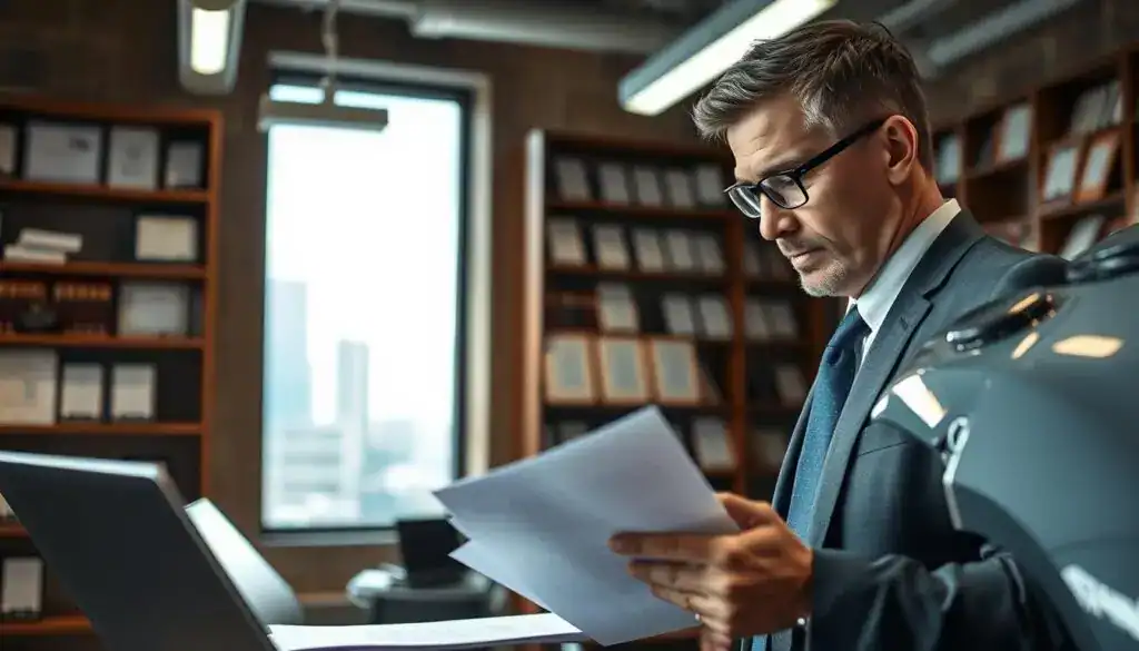 A professional property appraiser engaging in an assessment of a damaged vehicle in a contemporary office setting. In the foreground, depict the appraiser, a middle-aged man in a sharp business suit, closely examining paperwork and a laptop, with focused expression and glasses on. The middle layer features a detailed view of the vehicle, slightly scratched and dented, under bright fluorescent lighting. In the background, shelves filled with legal books and certificates create an academic atmosphere, while a large window reveals a cityscape outside, suggesting a bustling urban environment. Emphasize a business-like mood, reflecting diligence and professionalism in the appraisal process. The scene should have a clean and polished appearance, with natural light softening the room's ambiance.
