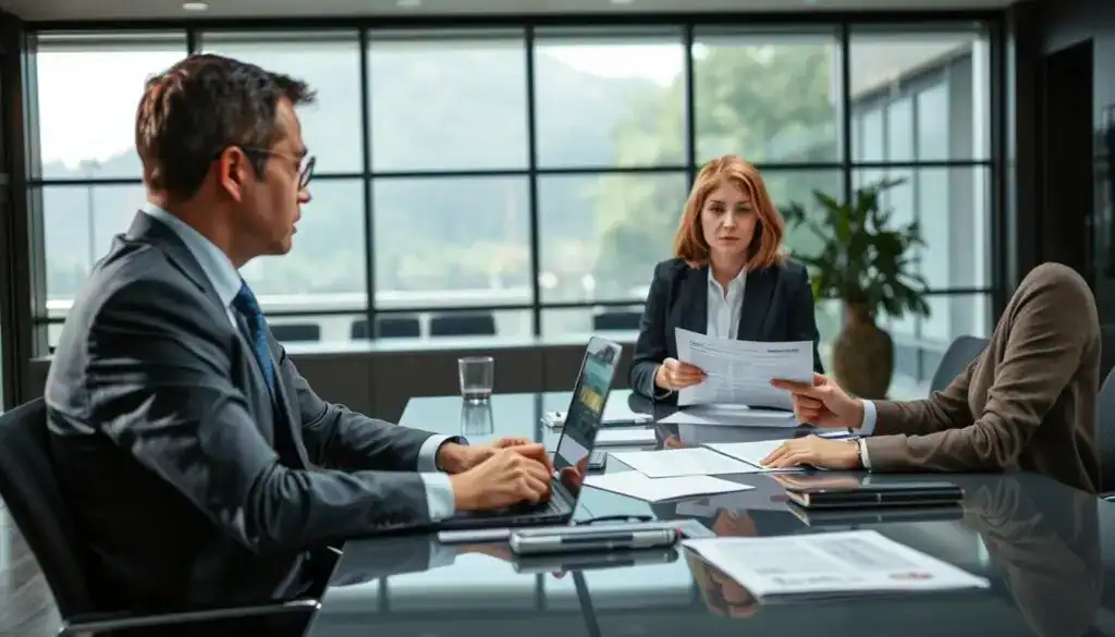 A professional setting depicting a negotiation scene between an insurance agent and a client. In the foreground, a well-dressed insurance agent, representing authority and confidence, sits at a modern conference table filled with documents and a laptop. The middle ground showcases a concerned client in professional attire, holding a policy document, with a focused expression as they engage in discussion. The background features a sleek office environment with large windows, allowing soft, natural light to illuminate the space, creating a sense of trust and transparency. The mood is serious yet hopeful, capturing the essence of critical negotiations in the insurance context. The image should be well-composed, using a balanced composition and a sharp focus. A professional setting depicting a negotiation scene between an insurance agent and a client. In the foreground, a well-dressed insurance agent, representing authority and confidence, sits at a modern conference table filled with documents and a laptop. The middle ground showcases a concerned client in professional attire, holding a policy document, with a focused expression as they engage in discussion. The background features a sleek office environment with large windows, allowing soft, natural light to illuminate the space, creating a sense of trust and transparency. The mood is serious yet hopeful, capturing the essence of critical negotiations in the insurance context. The image should be well-composed, using a balanced composition and a sharp focus.