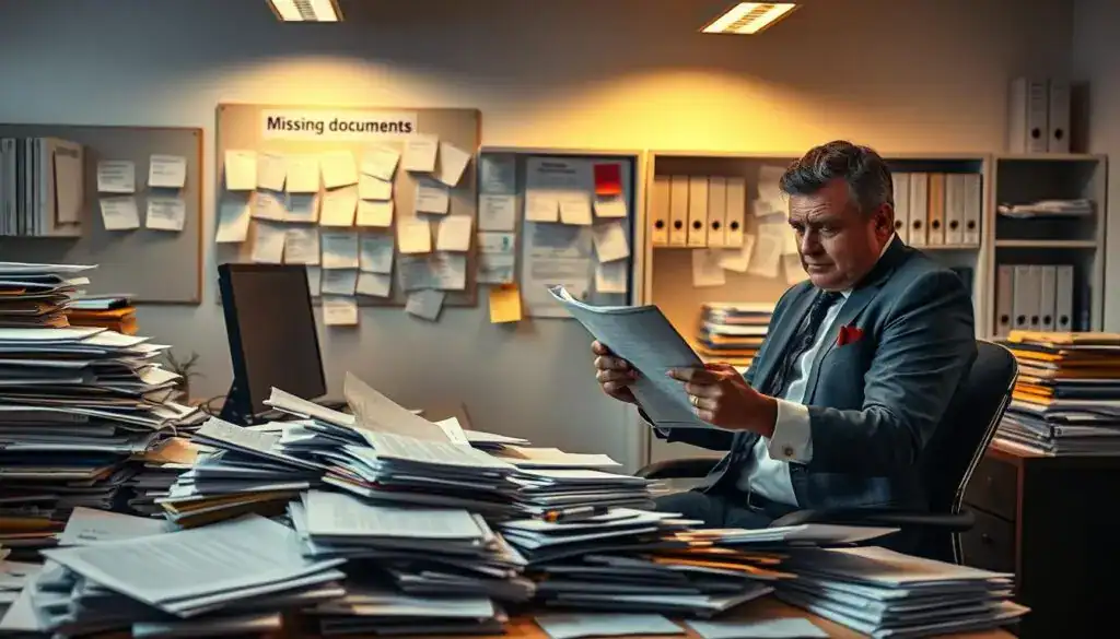 A professional workspace filled with documentation related to insurance claims processing, focusing on the theme of "problems with gathered documents." In the foreground, a cluttered desk is piled high with various forms, claim reports, and scanned documents scattered around. A professional in business attire is seated at the desk, examining a claim document with a concerned expression. In the middle ground, a wall-mounted bulletin board displays pinned notes and lists related to missing documents and deadlines. The background features a well-lit office with shelves containing organized files, emphasizing a sense of chaos and urgency. The atmosphere is tense and serious, illuminated by soft, warm lighting that highlights the subject matter while casting gentle shadows to create depth. The image conveys an air of professionalism mixed with the frustration of the insurance claim process. A professional workspace filled with documentation related to insurance claims processing, focusing on the theme of "problems with gathered documents." In the foreground, a cluttered desk is piled high with various forms, claim reports, and scanned documents scattered around. A professional in business attire is seated at the desk, examining a claim document with a concerned expression. In the middle ground, a wall-mounted bulletin board displays pinned notes and lists related to missing documents and deadlines. The background features a well-lit office with shelves containing organized files, emphasizing a sense of chaos and urgency. The atmosphere is tense and serious, illuminated by soft, warm lighting that highlights the subject matter while casting gentle shadows to create depth. The image conveys an air of professionalism mixed with the frustration of the insurance claim process.