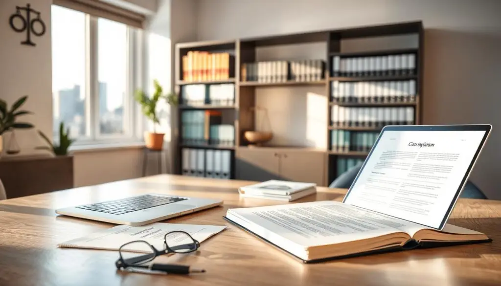 A serene office setting filled with legal documents and books related to insurance regulations in Germany. In the foreground, a neatly organized desk features a laptop open to a legal document. A pair of reading glasses and a notepad with a pen lie alongside. The middle ground showcases a well-lit library shelf filled with books outlining German insurance law, and a window offers a glimpse of a city skyline, indicating a professional atmosphere. The background should have subtle wall decorations portraying abstract legal symbols, like scales of justice, to suggest a regulatory theme. Soft, natural light filters in through the window, casting gentle shadows and creating a calm, informative mood, ideal for understanding legal matters. The image has no text or identifiers.