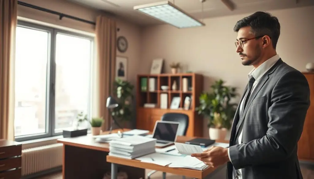 A thoughtful scene depicting an insurance claims office, showcasing a professional atmosphere. In the foreground, a business person in professional attire stands, looking intently at a stack of insurance documents illuminated by soft overhead lighting. In the middle, a large wooden desk filled with papers, a laptop displaying graphs, and a potted plant to add warmth. In the background, a large window with natural light streaming in, showing a cityscape outside, hinting at a busy day. The color palette is warm and inviting, creating a mood of determination and focus, as the subject contemplates the next steps despite potential challenges in the insurance claim process. The composition should emphasize clarity and professionalism without any distractions or text.