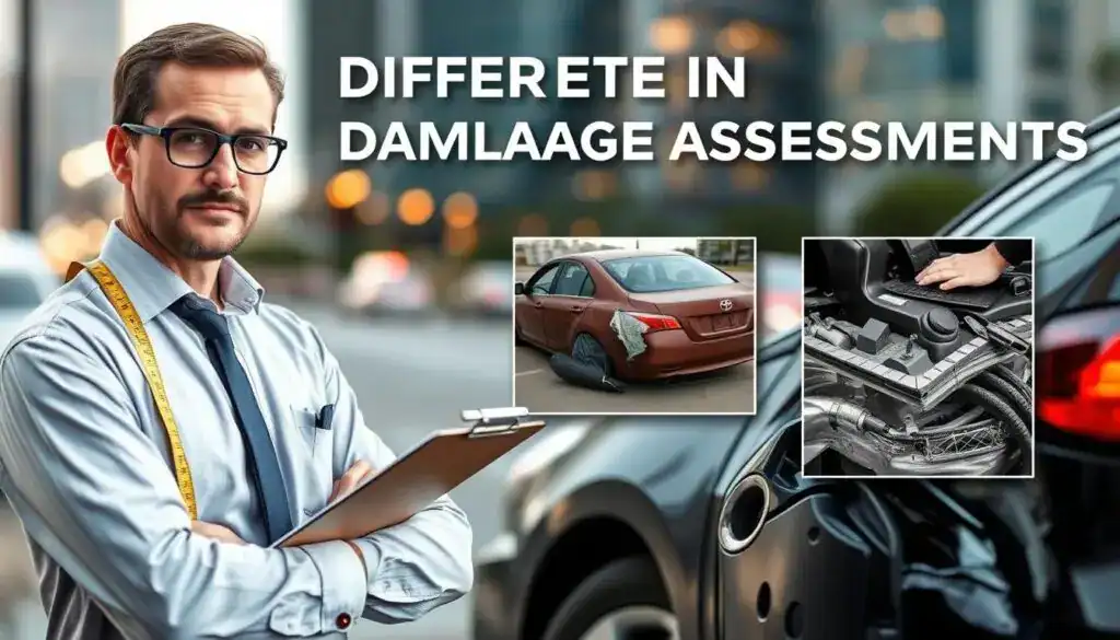 A visually striking composition representing "differences in damage assessments." In the foreground, a confident insurance adjuster, dressed in professional business attire, examines a damaged vehicle with a clipboard and measuring tape, showcasing their meticulous analysis. In the middle ground, two contrasting scenes depict differing evaluations: one with a minor scratch being assessed versus significant structural damage being appraised. The background includes a blurred cityscape, creating a setting of urban life. Soft but focused lighting highlights the adjuster and the vehicle, while a slightly dramatic angle emphasizes the importance of accurate assessments. The overall mood is serious and analytical, reflecting the complexity and importance of damage evaluations.