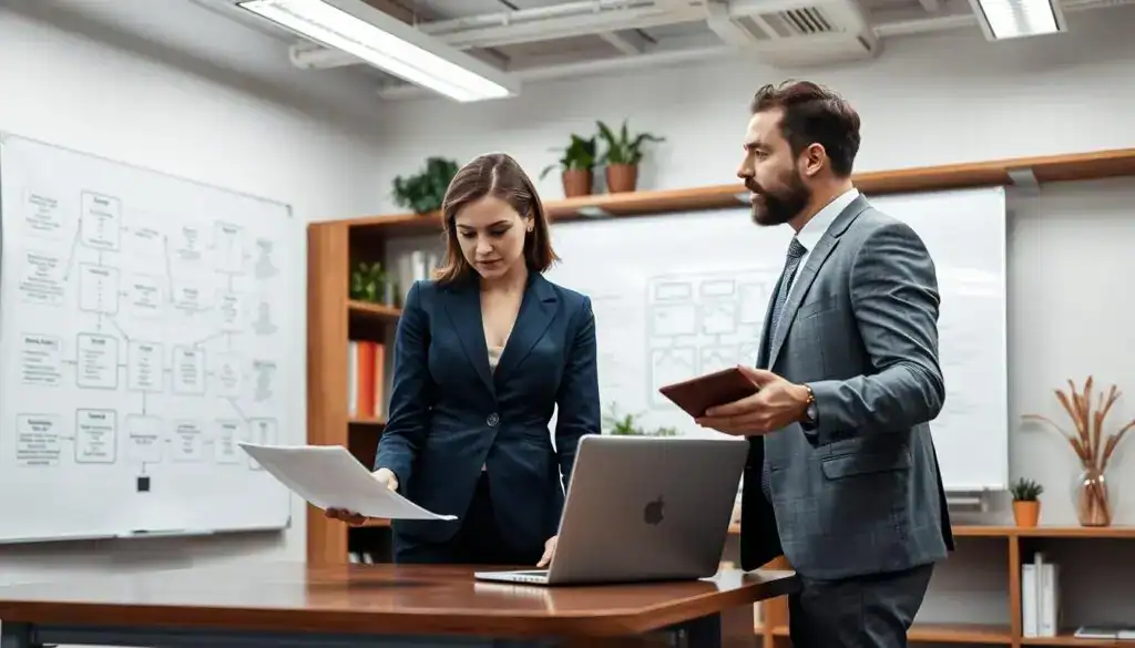 An office setting featuring two professionals engaged in a discussion about insurance claim procedures. In the foreground, a woman in a tailored navy suit reviews documents with a serious expression, while a man in a gray suit gestures towards a laptop open on a sleek wooden desk. In the middle ground, a large whiteboard filled with flowcharts and diagrams outlines various insurance procedures, subtly hinting at the complexities involved. The background shows shelves filled with legal books and decorative plants, providing a warm yet professional atmosphere. Bright overhead fluorescent lighting highlights the scene, creating a focus on the intense discussion. The overall mood is serious and analytical, emphasizing the importance of the procedures used by insurers.