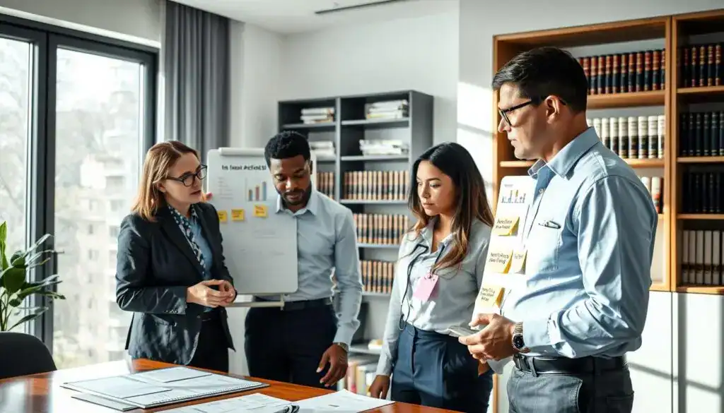 An office setting illuminated by soft, natural light streaming through a large window. In the foreground, a diverse group of three professionals, dressed in business attire, is engaged in discussion around a table filled with documents related to insurance procedures. Each person exhibits focused expressions, suggesting an analysis of claims adjustment processes. In the middle ground, a whiteboard displays charts and key points about insurance claims, with sticky notes highlighting critical steps in preparing to report damages. The background shows a sleek bookshelf filled with legal books and resources about insurance policies, reinforcing the theme of expert preparation. The overall atmosphere is one of professionalism, collaboration, and thoughtful strategy.