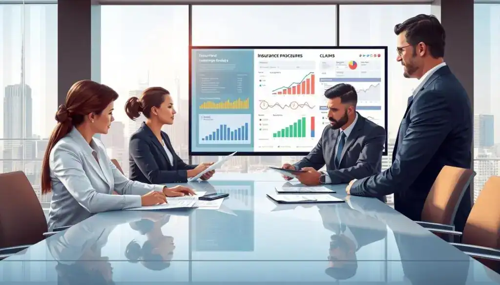 A detailed illustration of insurance procedures, showing a professional setting where representatives discuss claims. In the foreground, a diverse team of two people in business attire is reviewing paperwork at a sleek, modern conference table. The middle ground features a large screen displaying charts and graphs related to claims and regulations. The background consists of a glass wall revealing a city skyline, reflecting a bright and dynamic work environment. Soft, natural lighting enhances the atmosphere, simulating a clear day. The overall mood conveys professionalism, focus, and the complexities of insurance regulations, creating an insightful visual context for the analysis of claims processing.