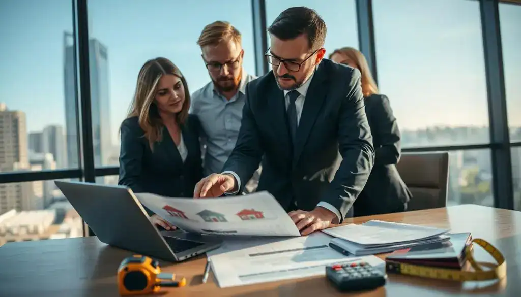 A group of professional property valuers, or "rzeczoznawcy majątkowi," engaged in a discussion in a modern office setting. In the foreground, two valuers are analyzing property documents and a laptop, dressed in smart business attire—one is gesturing towards a detailed property report. In the middle ground, a large window reveals a cityscape, with a clear blue sky and skyscrapers. On the desk, property evaluation tools like measuring tapes and calculators can be seen. The lighting is bright but soft, illuminating the faces of the valuers and casting gentle shadows. The atmosphere feels collaborative and professional, with a sense of focus and determination as they assess property values, embodying their critical role in insurance processes.