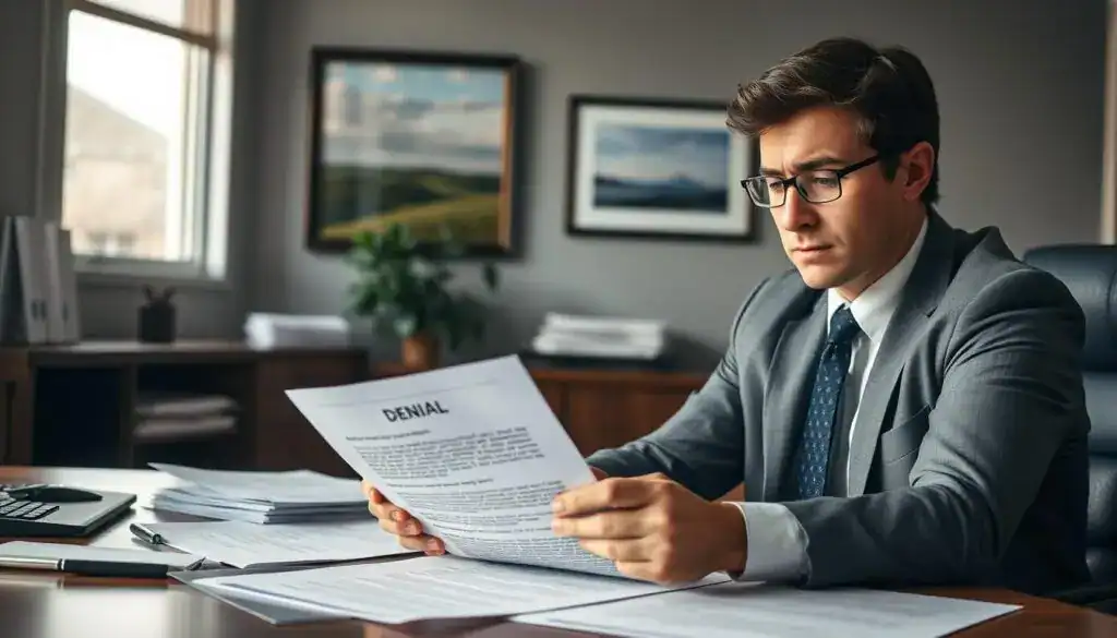 A professional office scene depicting a frustrated insurance policyholder sitting at a desk, reviewing a denial letter for an insurance claim. The individual, dressed in smart business attire, looks concerned with paperwork spread around them. In the background, a visible insurance office environment with shelves of policy documents and a framed picture of a serene landscape, contrasting the tension of the moment. Soft, natural lighting filters through a window, creating a sense of gloom. The angle should focus on the person's expression while showcasing the denial letter prominently, emphasizing the emotional weight of the situation. Aim for a mood that conveys a mix of confusion and determination as they contemplate their next steps.