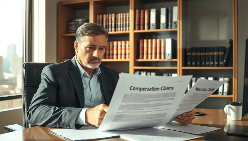 A professional office scene depicting an individual sitting at a sleek desk, reviewing documents related to insurance claims. In the foreground, a focused middle-aged man in business attire is analyzing a detailed sheet of paper titled "Compensation Claims". His expression conveys determination and a sense of empowerment. In the middle background, shelves filled with legal books and files represent the complexity of insurance law, while a window reveals a city skyline under soft, natural daylight, casting gentle shadows around the room. The atmosphere is serious yet hopeful, emphasizing the importance of standing up for one’s rights. A warm color palette enhances the professional setting, highlighting an air of confidence and advocacy.