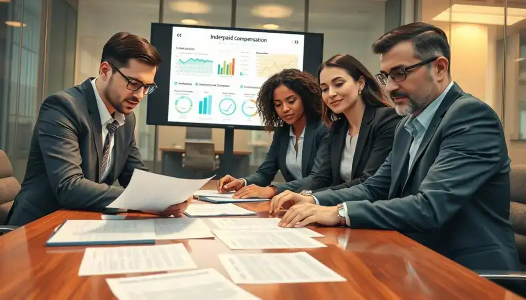 A thoughtful illustration depicting the theme of "recognizing underpaid compensation" in the context of insurance claims. In the foreground, a diverse group of three professionals, dressed in business attire, are intently examining a series of documents spread out on a polished wooden conference table. The middle layer features a large digital screen displaying infographics and statistics about insurance claims, accentuating the seriousness of the topic. The background has a modern office setting with glass walls and soft, warm lighting creating a focused yet approachable atmosphere. Use a wide-angle perspective to capture the teamwork and urgency in their expressions, conveying a sense of diligence and determination in addressing the complexities of insurance compensation.
