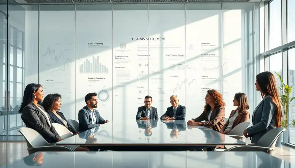 A transparent, modern office space showcasing the theme of transparency in claims settlement. In the foreground, a diverse group of professionals dressed in smart business attire is engaged in a discussion around a sleek conference table. They exhibit focused expressions, symbolizing trust and clarity. The middle section features a large glass wall displaying intricate graphs and flowcharts that highlight the claims process and transparency metrics. In the background, soft natural light filters through large windows, casting elegant shadows, creating an atmosphere of openness and professionalism. Use a wide-angle lens to capture the spaciousness of the office while emphasizing the collaborative environment. The overall mood should convey a sense of efficiency, trust, and commitment to clarity in the claims process.