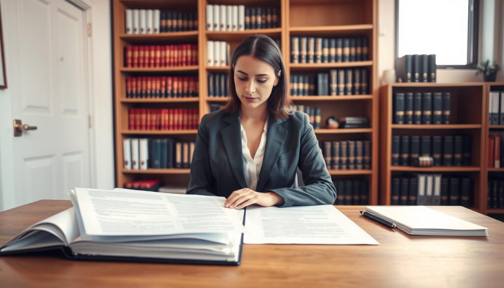 A clean, well-organized office setting serves as the backdrop, with a wooden desk in the foreground. On the desk, an open file with neatly arranged documents showcases detailed analysis notes. A professional businesswoman, wearing formal attire, is seen in the middle of the image, thoughtfully reviewing the documents with a focused expression. Soft, warm lighting illuminates the scene, creating a calm and conducive atmosphere for consultation. In the background, a bookshelf filled with legal texts and reference materials adds depth to the setting, emphasizing preparation and knowledge. The camera angle is slightly above eye level, providing a clear view of both the documents and the subject's concentration, conveying a sense of professionalism and readiness.