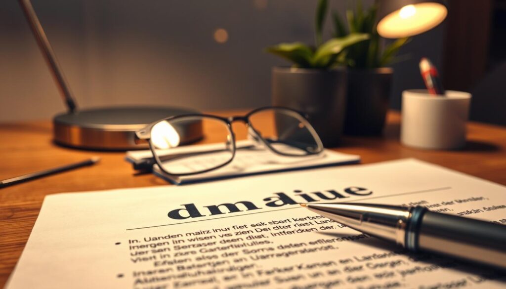 A close-up image of a German contract document titled "Umowa" lying on a wooden desk, with a polished pen placed next to it, evoking a sense of professionalism and caution. The foreground features the detailed text in German, with a blurred effect to emphasize the importance of understanding every line. In the middle, a pair of reading glasses and a notepad with scribbled German phrases are visible, suggesting meticulous examination. The background consists of soft-focused office elements like a modern lamp and potted plant, creating a calm ambiance. The lighting is warm and inviting, enhancing the serious yet contemplative mood, captured with a shallow depth of field. The overall atmosphere reflects the need for careful handling of documents to avoid misunderstandings.