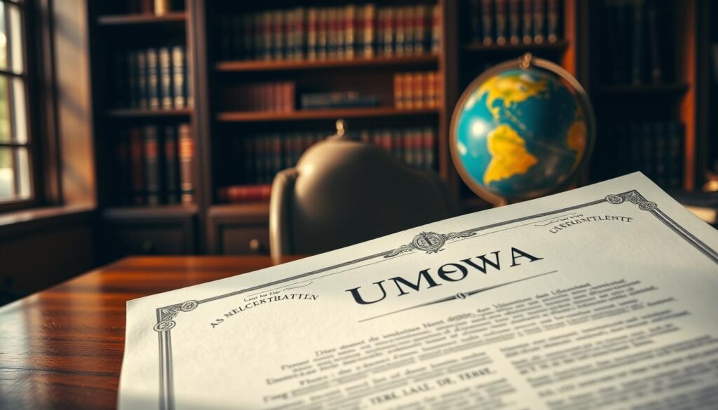 A close-up view of a German legal contract titled "Umowa" displayed prominently on a polished wooden desk. The document has clear headers in bold, with intricate details such as embossed seals and elegant borders. In the background, a soft-focus scene of an organized office with shelves filled with law books and a classic globe can be seen, creating an atmosphere of professionalism. Warm, diffused lighting highlights the texture of the paper, while a subtle shadow casts drama across the scene. The composition should convey a sense of caution and deliberation, inviting the viewer to reflect on the potential complexities and pitfalls of German legal documents.