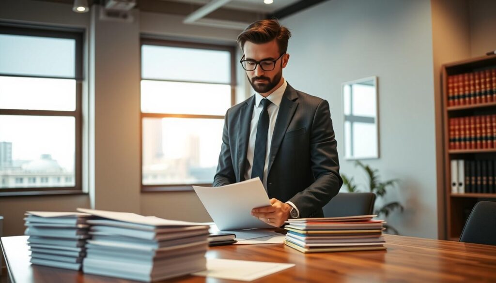 A confident insurance lawyer in a modern office setting, wearing a tailored suit and glasses, stands at a sleek wooden desk, reviewing paperwork. The foreground features neatly stacked files and legal documents, conveying professionalism. In the middle ground, a window reveals a cityscape, with soft natural light illuminating the space, creating a warm and inviting atmosphere. Behind the lawyer, a bookshelf filled with law books adds depth to the scene. The overall mood is focused and collaborative, emphasizing the partnership between the lawyer and the client in navigating the complexities of post-accident claims. The image should be sharp and detailed, capturing the essence of legal professionalism and trustworthiness. A confident insurance lawyer in a modern office setting, wearing a tailored suit and glasses, stands at a sleek wooden desk, reviewing paperwork. The foreground features neatly stacked files and legal documents, conveying professionalism. In the middle ground, a window reveals a cityscape, with soft natural light illuminating the space, creating a warm and inviting atmosphere. Behind the lawyer, a bookshelf filled with law books adds depth to the scene. The overall mood is focused and collaborative, emphasizing the partnership between the lawyer and the client in navigating the complexities of post-accident claims. The image should be sharp and detailed, capturing the essence of legal professionalism and trustworthiness.