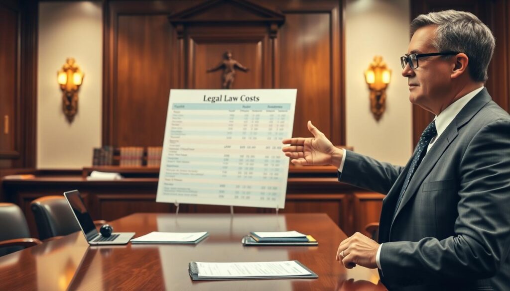 A courtroom scene featuring a professional lawyer presenting evidence related to legal costs in a personal injury case. In the foreground, a well-dressed lawyer, a middle-aged man with glasses, gestures confidently while pointing to a large, detailed chart showcasing court fees, insurance claim costs, and legal expenses. The middle ground includes a polished wooden table with legal documents and a laptop, illuminated by a soft, warm light. In the background, the judge's bench stands prominently, framed by elegant wooden paneling and a set of law books. The mood conveys a sense of professionalism and gravity, emphasizing the importance of understanding the financial implications of legal proceedings. The scene has a realistic, high-resolution quality, captured with a slight depth-of-field to focus on the lawyer's presentation.