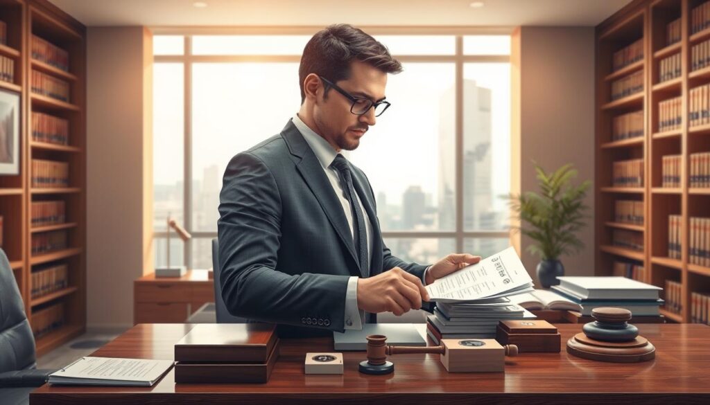 A detailed illustration of the concept of choosing an expert appraiser for insurance purposes, set in a professional office environment. In the foreground, a confident and competent appraiser in a tailored business suit examines documents on a polished wooden desk, surrounded by samples of property items. In the middle ground, a modern, well-lit office space with a large window showcasing a city skyline, symbolizing transparency and professionalism. The background features bookshelves lined with legal and financial literature, reinforcing the expertise needed in selection processes. Soft, natural lighting filters through the window, creating a warm but focused atmosphere. The mood conveys diligence and integrity, emphasizing the importance of thorough evaluation in insurance dealings. A detailed illustration of the concept of choosing an expert appraiser for insurance purposes, set in a professional office environment. In the foreground, a confident and competent appraiser in a tailored business suit examines documents on a polished wooden desk, surrounded by samples of property items. In the middle ground, a modern, well-lit office space with a large window showcasing a city skyline, symbolizing transparency and professionalism. The background features bookshelves lined with legal and financial literature, reinforcing the expertise needed in selection processes. Soft, natural lighting filters through the window, creating a warm but focused atmosphere. The mood conveys diligence and integrity, emphasizing the importance of thorough evaluation in insurance dealings.