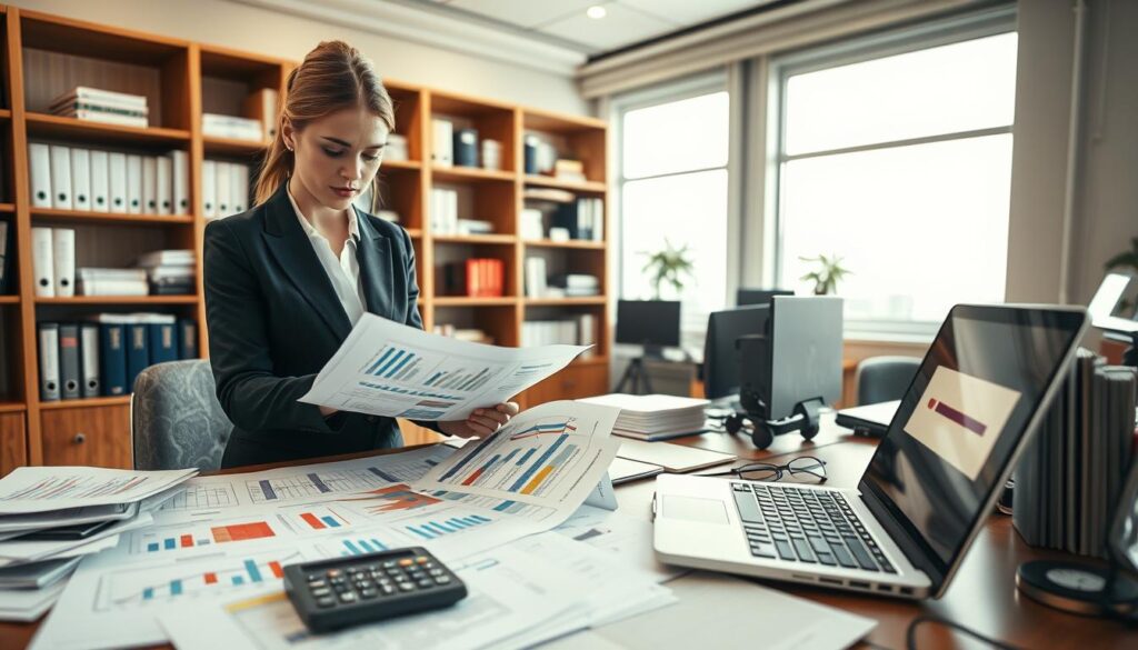 A detailed office scene illustrating common mistakes in cost analysis. In the foreground, a professional businesswoman, dressed in formal attire, reviews a large document filled with colorful charts and graphs. The middle layer features a desk cluttered with papers, a calculator, and a laptop displaying an error notification, symbolizing error in calculations. The background contains shelves filled with books and binders on financial analysis, and a large window letting in soft, natural light, illuminating the workspace. The atmosphere is focused yet slightly chaotic, reflecting the pressure of financial scrutiny. The angle is slightly above eye level, offering a comprehensive view of the scene, emphasizing the importance of diligence and attention to detail in cost estimation processes.