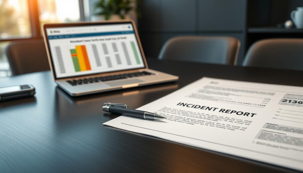 A detailed, professionally designed template for an incident report titled "świadectwo zdarzenia" lies on a sleek dark wooden desk. In the foreground, there is a pen poised next to the document, reflecting a sense of purpose. In the middle ground, an open laptop displays a spreadsheet, symbolizing meticulous calculations related to project costs. In the background, a blurred image of a modern office environment is visible, with soft natural lighting filtering through a large window, creating a warm and inviting atmosphere. The scene conveys a sense of professionalism and diligence, emphasizing the importance of technical oversight in financial assessments. The overall tone is serious yet optimistic, showcasing the commitment to accuracy in budgeting and cost management.