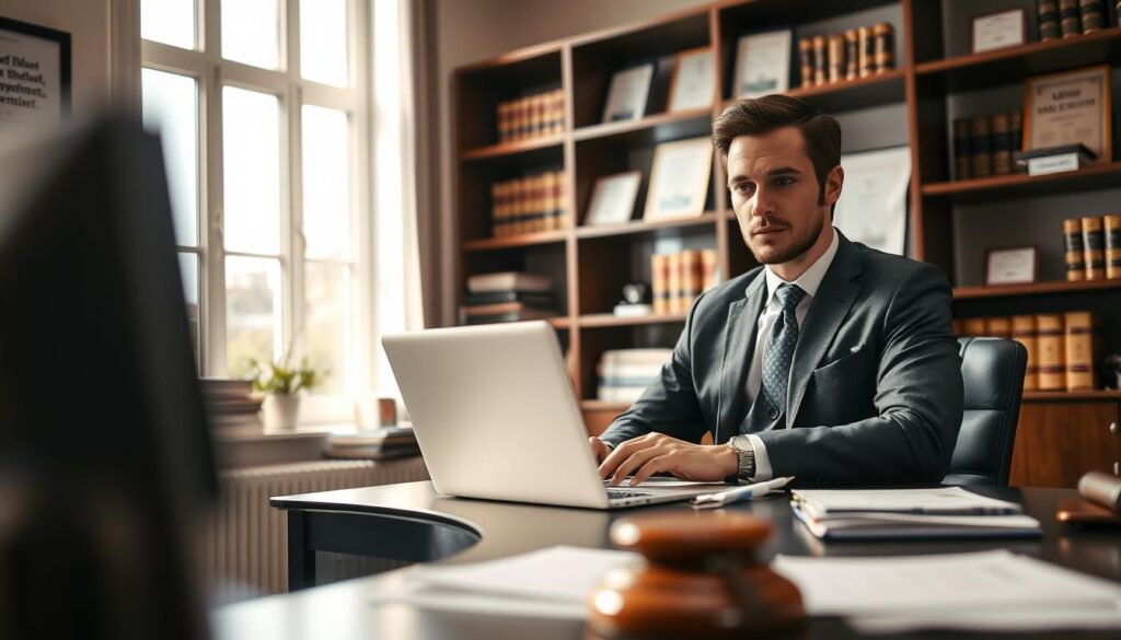 A detailed scene depicting an office environment focused on the theme of compensation. In the foreground, a confident businessperson in a tailored suit sits at a sleek desk covered with legal documents, looking thoughtfully at a laptop. The middle ground features a window with soft, natural light streaming in, illuminating the room, hinting at a bright future for those seeking compensation. In the background, shelves are lined with law books and certificates, reinforcing the professional atmosphere. The overall mood is one of hope and determination, symbolizing the pursuit of rightful claims. The composition is captured with a shallow depth of field, highlighting the subject while softly blurring the background elements.