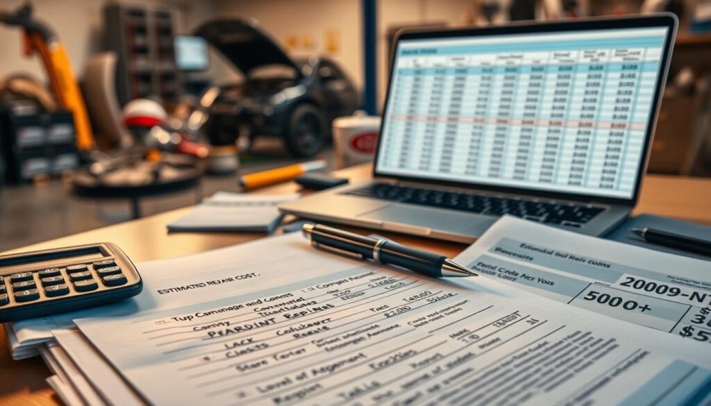 A detailed scene illustrating the concept of "compensation claims" related to vehicle repairs. In the foreground, a close-up of a stack of legal documents and handwritten notes, showcasing a calculator, a pen, and car repair receipts, all arranged neatly. In the middle ground, an office desk adorned with a laptop displaying a detailed spreadsheet of estimated repair costs. The background features a blurred view of a garage, with a partially repaired vehicle and tools scattered around, suggesting an active repair environment. The lighting is warm and inviting, hinting at a productive work atmosphere, with soft shadows and highlights that emphasize the documents. The overall mood is focused and professional, reflecting the seriousness of financial considerations in vehicle repair.
