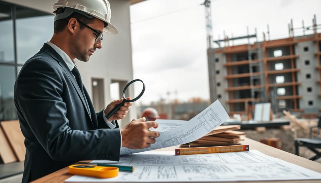 A focused scene depicting a professional building inspection environment. In the foreground, a meticulous engineer in a hard hat, wearing professional business attire, examines structural blueprints with a magnifying glass. The middle ground features construction materials and tools, such as a spirit level and measuring tape, spread out across a sturdy work table. In the background, partially built walls and scaffolding hint at an active construction site, with an overcast sky casting diffused, soft lighting that creates a serious atmosphere. A close-up perspective, captured with a 50mm lens, emphasizes the detailed scrutiny of the engineer's work, reflecting professionalism and collaboration among specialists.